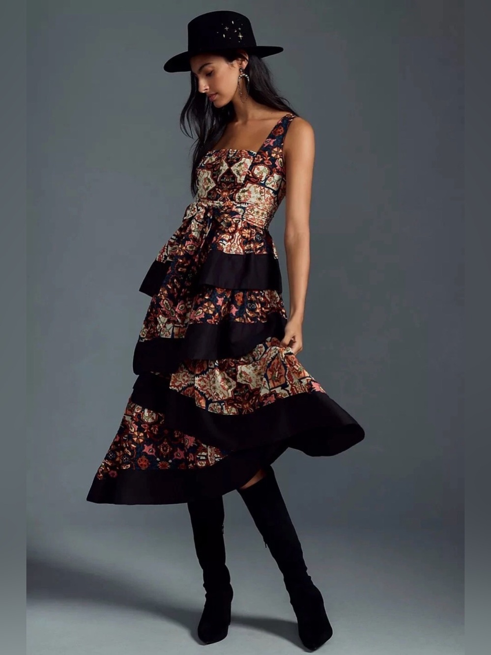 Anthropologie Square-Neck Tiered Midi Dress Size XS